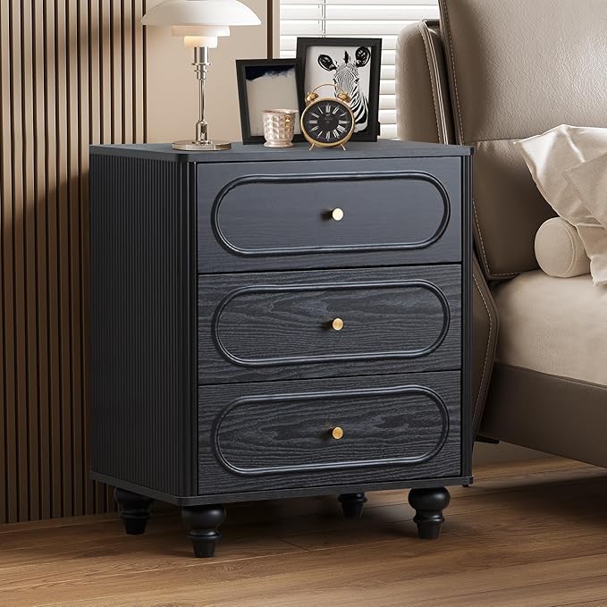 Fluted 3 Drawer Dresser for Bedroom, Modern Mid Century Chest of Drawers, Wood Storage Small Dresser Organizer for Bedroom Living Room Hallway Closet, Black