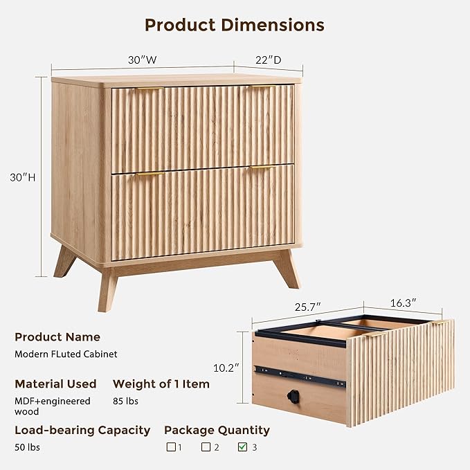 T4TREAM Set of 3 Modern Fluted Sideboard Buffet Cabinet with Drawers Storage, 90" Modular Accent Cabinet for Credenza, Entryway & Hallway, Natural Oak