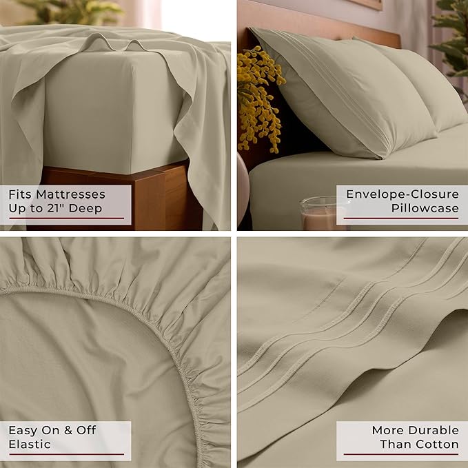 Mellanni California King Sheet Set - 6-Piece Iconic Collection Bedding, (Including 4 Pillowcases), 21-Inch Extra Deep Pocket, Easy Care, Ultra Soft, Cooling Sheets, Brushed Microfiber - New Beige