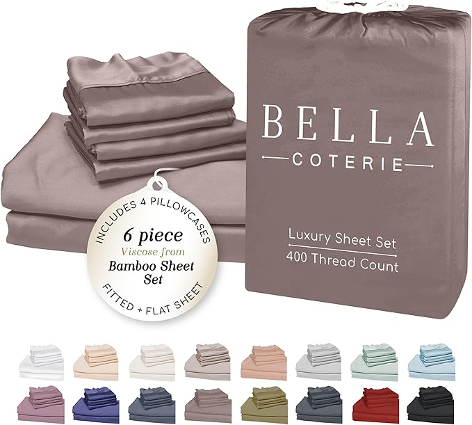 Bella Coterie 6 Piece Luxury Bamboo Viscose California King Size Sheet Set | 100% Organically Grown | Cooling for Hot Sleepers | 18" Deep Pocket | Soft & Hypoallergenic | 4 Pillowcases [Mocha]