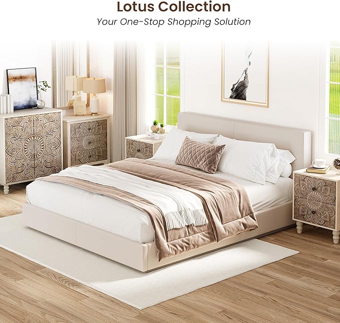 COSIEST Vintage Nightstand, 18" Wide Wood Small Bed Side Table with 2 Drawers, Accent Bedside Table, Bedroom Furniture for Home, Office (Lotus Pattern)