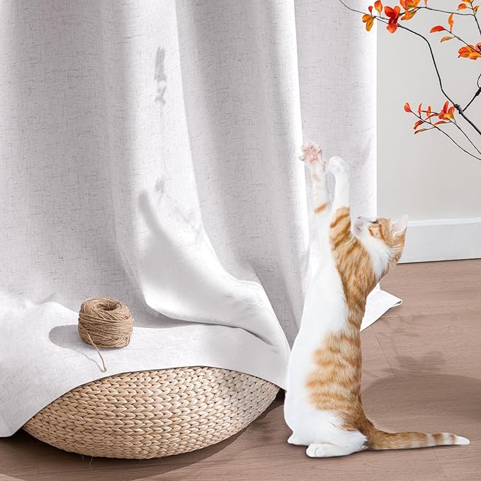 PrinceDeco Natural Linen Curtains 100% Blackout Curtains for Living Room 96 Inch Long,Heat & Light Blocking Curtains for Kids Bedroom Thermal Insulated Window Drapes 2 Panels Set - Heathered White