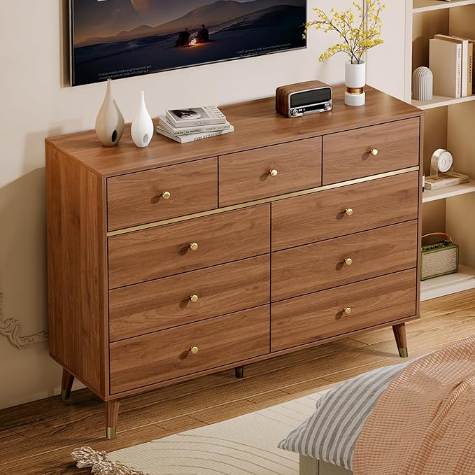 Modern Chest of Drawers with 9 Drawers,Deep Drawers,Clothes Organizer,Large Storage Cabinet for Living Room, Bedroom,Hallway,with Anti-Tipping Device,Brown
