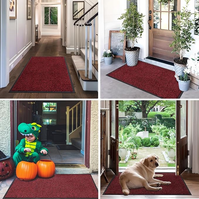 Mibao Front Door Mat, Dirt Trapper Welcome Mat for Outdoor Indoor, Non-Slip Waterproof Doormat, Durable Machine Washable Low Profile Entry Rug for Back Door Outside Patio Porch, 48" x 36", Red
