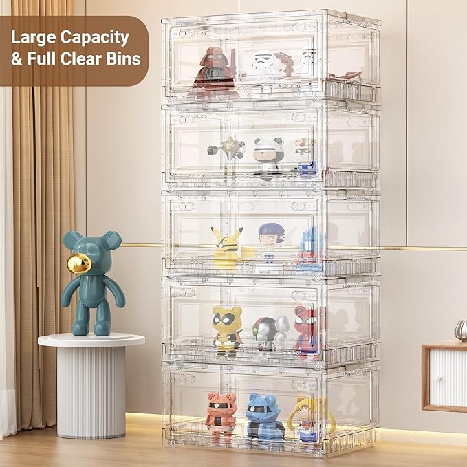 BROVIEW 80Qt Stackable Storage Bins with Lids Wheels, XL Clear Plastic Drawers Foldable Closet Organizers and Storage Cabinet Display Box Shelves with Front & Back Doors, for Home Office Garage,1Pack