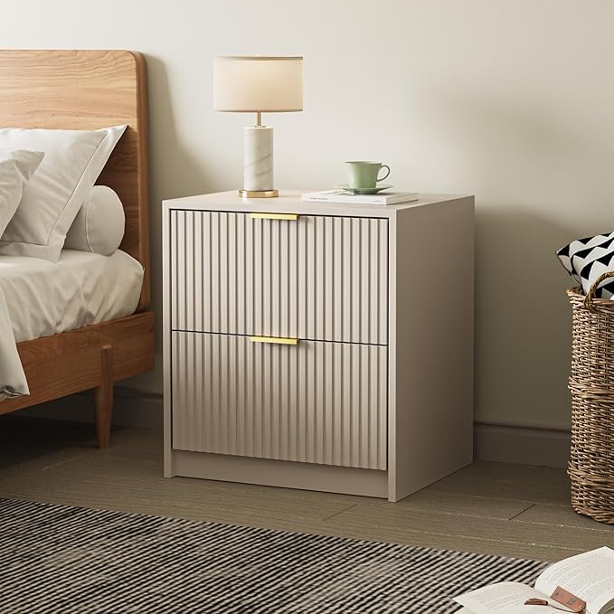 Set of 2 Fluted Nightstand with 2 Drawers, Modern Storage Bedside Table with Golden Metal Handles, Wooden End Table for Bedroom, Beige