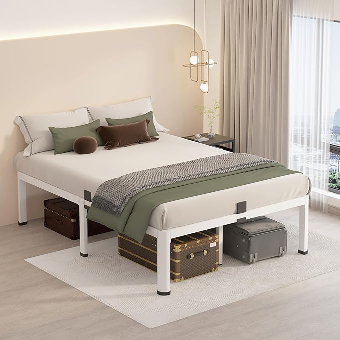 MAF 16 Inch Full Size Bed Frame White with Round Corner Legs Mattress Slide Stopper No Box Spring Needed Heavy Duty Metal Platform Bed Frames Under-Bed Storage Space, 3000 LBS Steel Slats Support