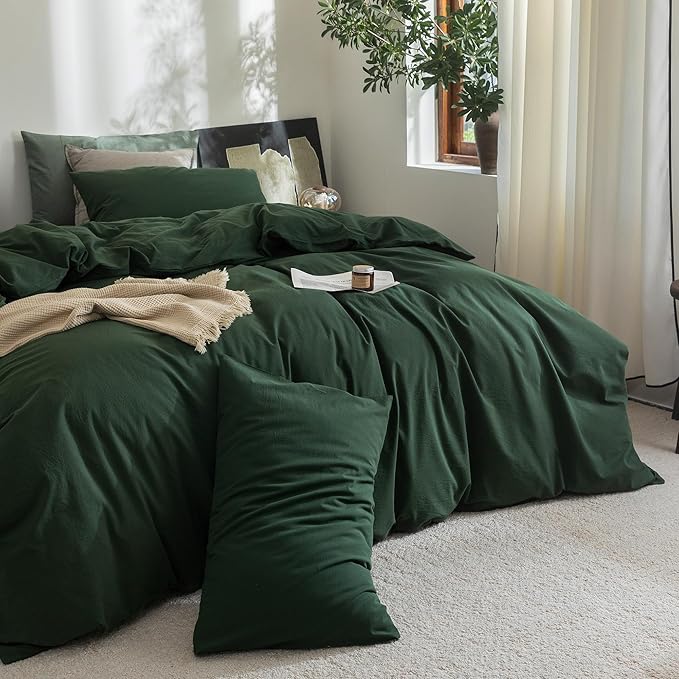 FOSSA Duvet Cover Set 100% Washed Cotton Linen Feel Super Soft Breathable Cozy 3 Pieces Bedding Sets Solid Forest Green Oversized King Plus