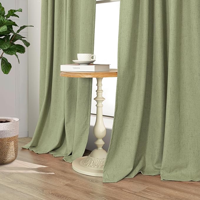 Light Sage Green Short Blackout Curtains for Small Bathroom Window Kitchen Door Back Tab Pocket 45 Inch Length 2 Panel Linen Look Noise Reducing Dampening Vintage Moody Curtain for Room Divider Closet