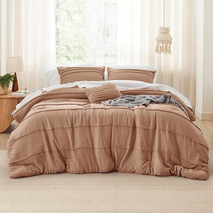 Bedsure King Comforter Set - 4 Pieces Pinch Pleat Bed Set, Taupe Boho Bedding for All Season, 1 Soft Comforter, 2 Pillowcases, 1 Decorative Pillow