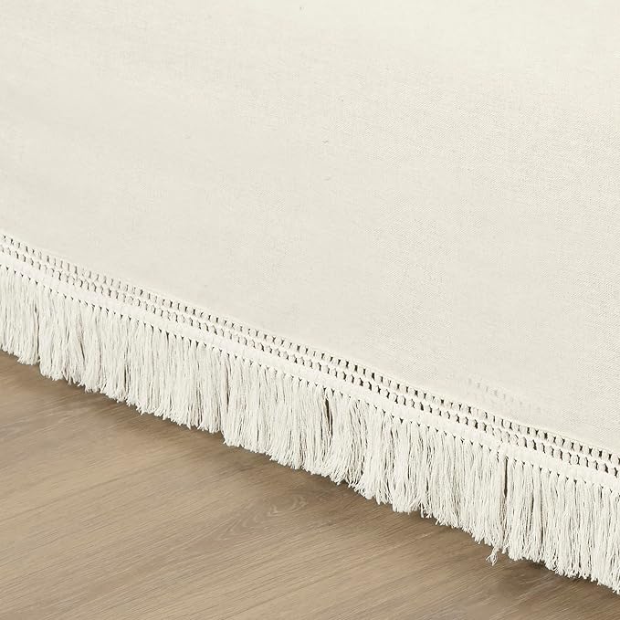Lush Decor Boho Fringe 15-Inch Tailored Drop Easy Fit Bedskirt, Queen, Off-White