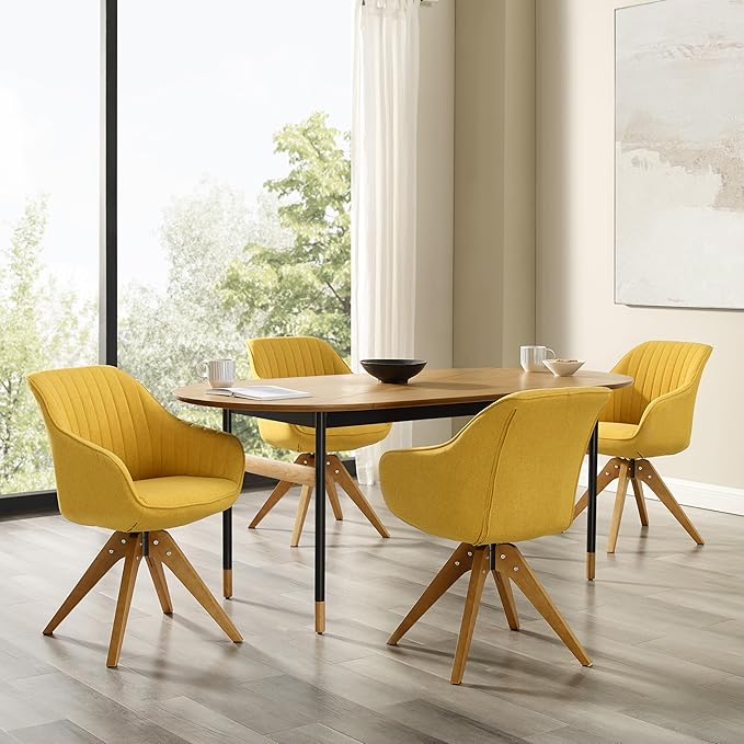 Zouron Mid Century Modern Swivel Accent Chair, Vanity Chair with Wooden Legs, Upholstered Arm Chair No Wheels, Accent Side Chair for Small Space Home Office Living Room Bedroom, Citrine