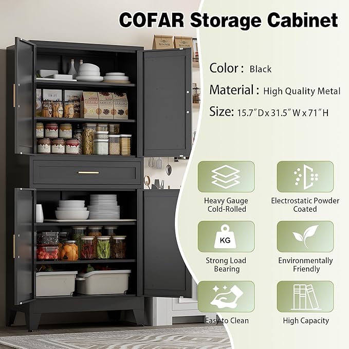 COFaR 71" Tall Metal Storage Cabinet with 4 Doors and 4 Adjustable Shelves, 6-Tier Farmhouse Storage Cabinet with Drawers and Legs, for Office, Home, Garage, Gym, School, Living Room, Hallway（Black）