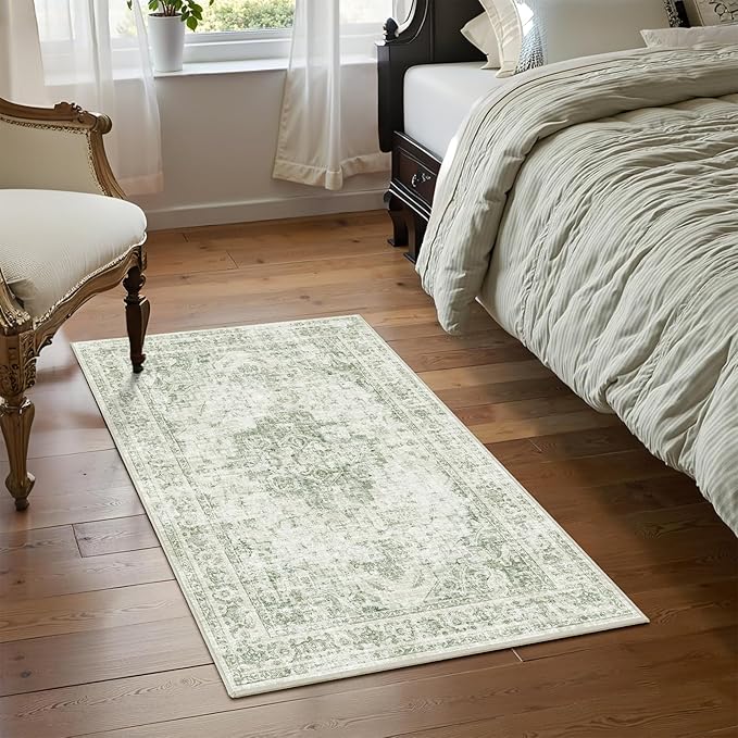 2x3 Vintage Washable Area Rugs for Entryway Soft Non-Slip Bath Mat Boho Medallion Distressed Retro Accent Carpet Floral Low Pile Indoor Throw Rug for Kitchen Laundry Living Room Bedroom, Green
