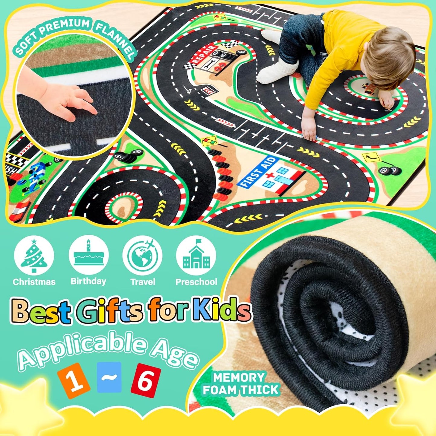 Kids Rug, Race Track Baby Play Mats, Realistic 3D Cascading Surround Route, 3x5 Ft Kids Rug for Playroom, Great for Playing with Cars and Toys, Non-Slip Car Carpet