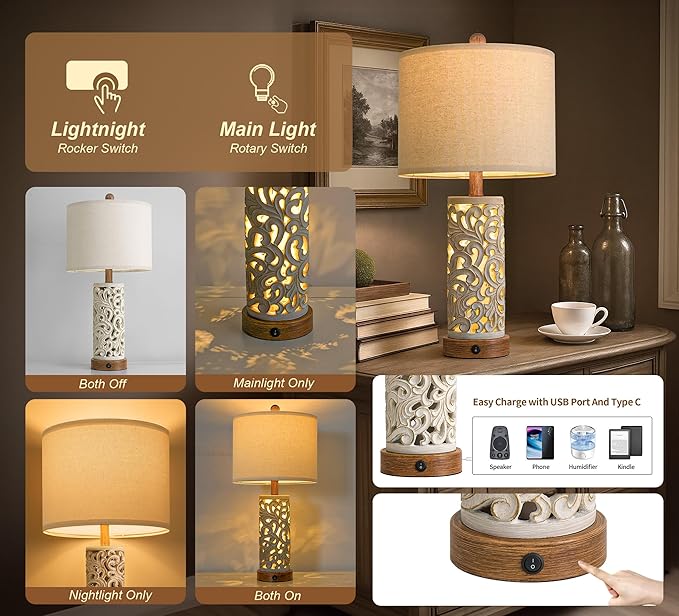 OYEARS 22'' Table Lamp Set of 2 for Living Room,Farmhouse Lamp for for Bedroom,Vintage Retro Bedside Lamps with USB Ports Linen Shade for Home Office (Brown, Bulb Included)