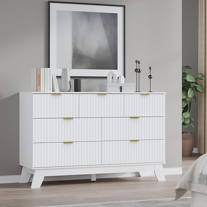 Fluted 7 Drawer Dresser, 47.2" Wide Modern Boho Chest of Drawers, Wooden Storage Dresser TV Stand for Bedroom, Living Room, Closet, Hallway, Curved Profile Design