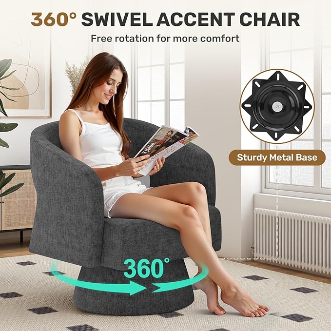 Swivel Accent Chair Set of 4, Modern Comfy Chenille Barrel Chairs, Oversized Upholstered Round Arm Chair for Living Room, Bedroom, Reading Room, Black