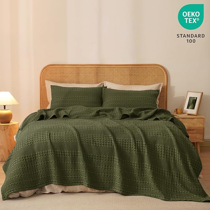 PHF 100% Cotton Waffle Weave Blanket Twin Size for Bed, Soft Lightweight & Breathable, All-Season Comfort, Luxury Aesthetic Woven Bedding for Home Decor, 66"x90", Capulet Olive