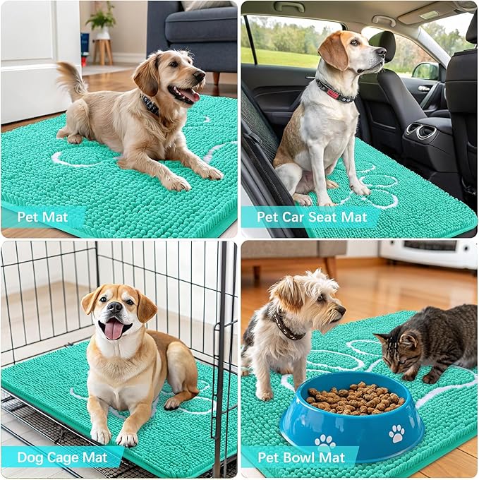 OLANLY Dog Door Mat for Muddy Paws 40x32, Paw Print Design, Absorbs Moisture and Dirt, Absorbent Non-Slip Washable Doormat, Quick Dry Chenille Mud Mat for Dogs, Entry Indoor Entryway Carpet, Teal
