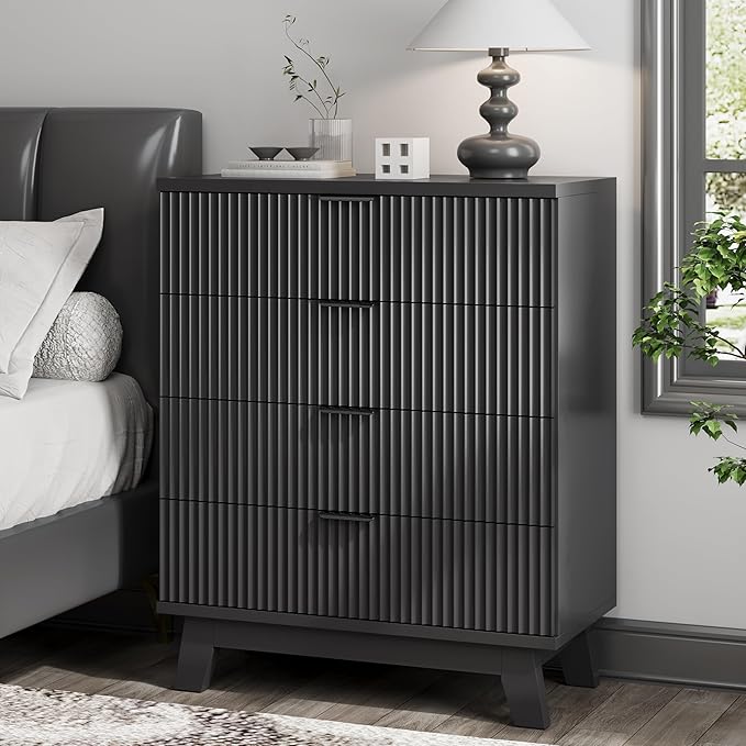 Fluted Nightstand, 31.5" Wide Side Table with 4 Large Storage Drawers, Mid Century Modern Wood Night Stand with Metal Handle, Wooden Bedside End Table for Bedroom, Living Room, Closet, Black