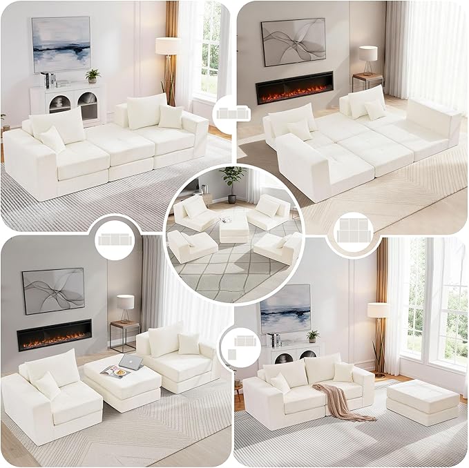 Boneless Sectional Loveseat Couch with Ottoman, Convertible Tufted Button Modular Floor Sleeper Sofa Bed, Comfy Foldable Compression Love Seat Sofa for Living Room, No Assembly, Beige
