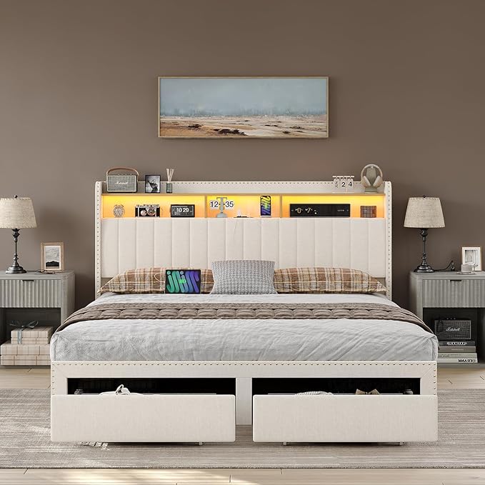 King Size Bed Frame with LED Light and Charging Station, Upholstered Bed Frame with 4 Drawers and 2-Tier Storage Headboard, Easy Assembly, Wooden Slats Support, No Box Spring Needed