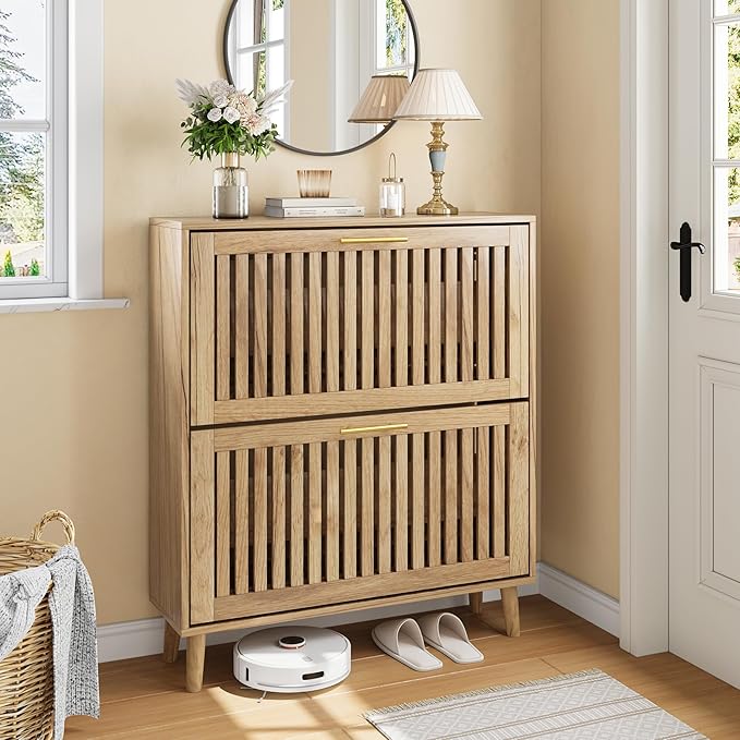 Shoe Storage Cabinet with 2 Flip Slatted Drawers, Narrow Freestanding Shoe Cabinet with Gold Handle, Hidden Entryway Shoe Organizer for Hallway, Foyer, Natural Oak