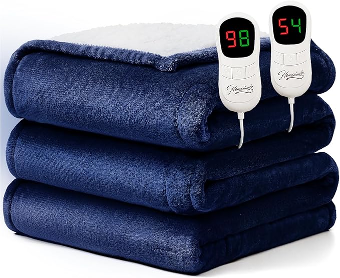 Homemate Electric Heated Blanket Queen Size - 84"x90" Heating Blanket Queen Size Dual Control 1/2/4/6/8 Hours Auto-Off 10 Heat Level Over-Heat Protection Flannel Sherpa ETL Certification