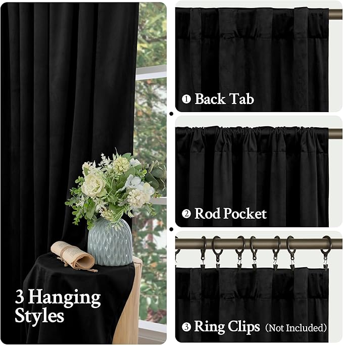 LAMIT Velvet Blackout Curtains for Bedroom 102 Inch Length, Halloween Black Room Darkening Thermal Panels Privacy Protected Back Tab and Rod Pocket Drapes for Living Room, 2 Panels, 52 x 102 Inch