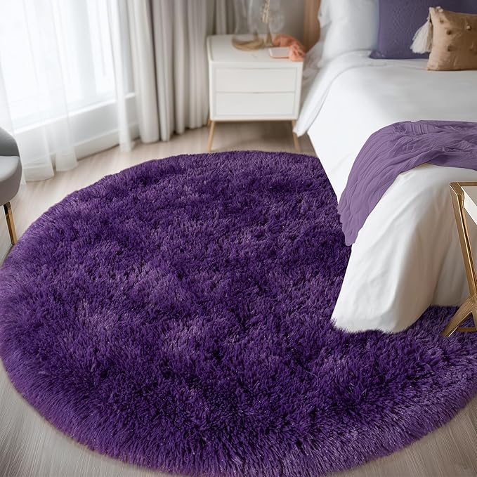 Round Purple Rug for Bedroom, 5 ft Circle Area Rugs for Living Room, Soft Fluffy Shag Carpet for Teen Girls Boys Nursery Room Dorm Home Decor Aesthetic