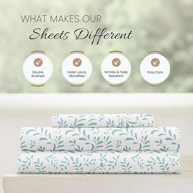 Linen Market Double-Brushed Patterned Microfiber Twin Sheet Set 3 Piece – Oeko-TEX Certified Ultra Soft & Wrinkle-Free - 16" Deep Pocket Sheets - Easy Care Twin Size - Burst of Vines Light Blue