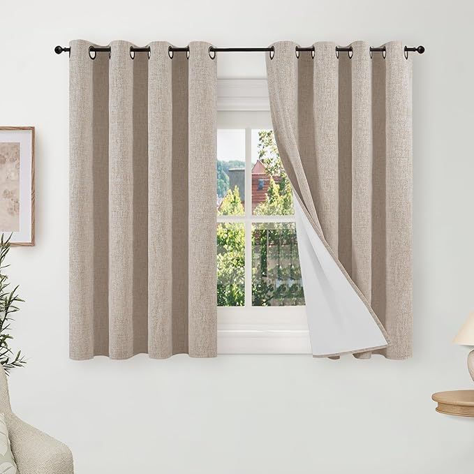 Linen Blackout Curtains 54 Inch Length 2 Panels for Bedroom, Thermal Insulated Total Light Blocking Noise Reducing Window Curtains for Farmhouse, Bronze Grommet, Beige, Each 52" Wide