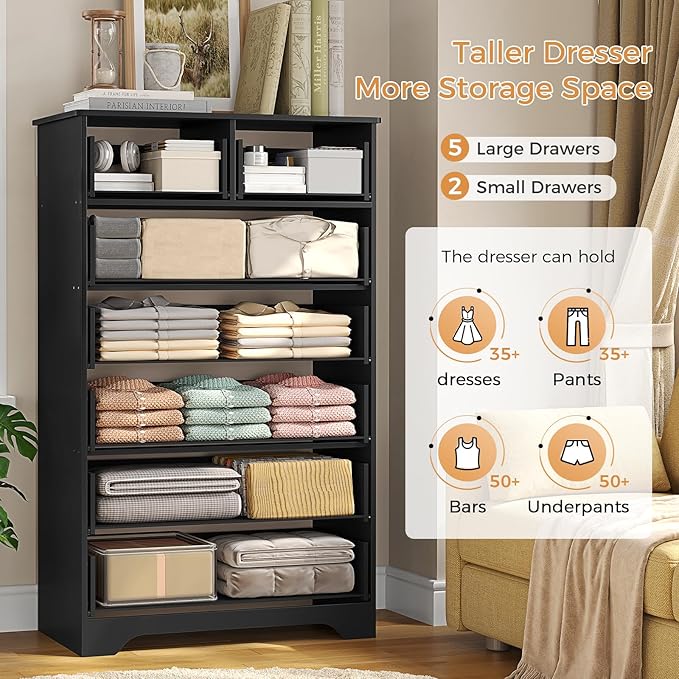 Hasuit Tall Dresser for Bedroom, Black Large Chest of Drawers, 55.6'' High Dressers with 7 Drawers, Modern Wooden Vertical Storage Clothes Closet Organizer