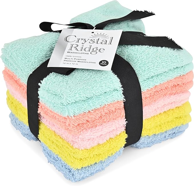 Crystal Ridge Cotton Wash Cloths 10 Pack - Washcloths for Showering, Face and Body, Soft and Highly Absorbent Multipurpose Towels for Bathroom, Kitchen, Spa and Gym - Wash Rags 12 x12 (Pastel)