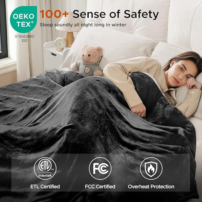Heated Blanket 72"x84" Full Size, Dual-Sided with Soft Flannel & Sherpa Fabric, Electric Blanket with 9 Heating Levels & 2-10 Hours Auto Off, Machine Washable, Dark Gray