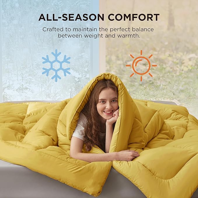 Bedsure Comforter Duvet Insert - Quilted Comforters Twin Size, All Season Duvet, GentleSoft Down Alternative Bedding, with 8 Tabs, Gifts for Women/Men, Mustard Yellow, Twin 88 x 68 Inches
