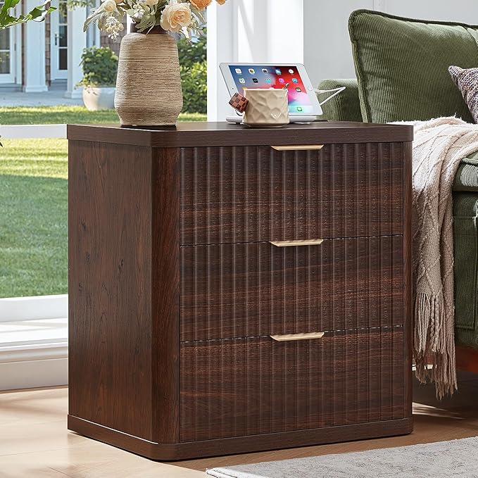 LEYAOYAO 23" Wide Fluted Night Stand with Charging Station, 3 Drawers Large End Table with Storage, Walnut Nightstand Wood Bedside Tables, Farmhouse Cabinet Dresser for Bedroom, Closet