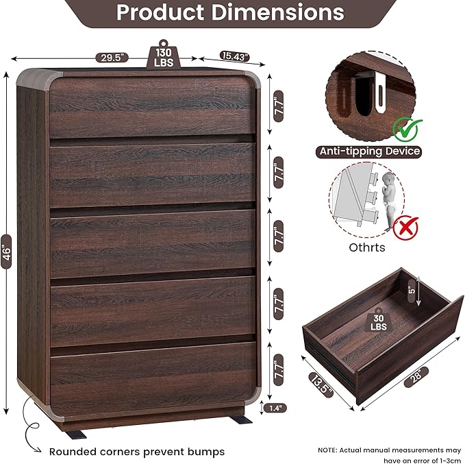 Walnut Dresser for Bedroom, Modern 5 Drawer Closet, Freestanding Dressers with Deep Drawers, Large Storage Organizer for Living Room, 29.5’’ W