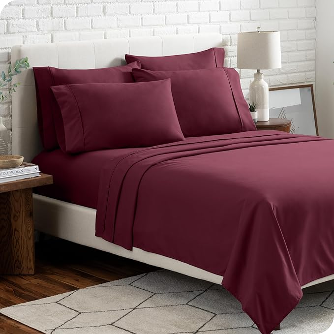Bare Home Hotel Luxury Queen Sheet Set, Extra Soft - 6 Piece Set - Deep Pockets - Easy Fit - Cooling & Breathable - Wrinkle, Fade, Stain Resistant - Includes 4 Pillowcases (Queen, Burgundy)