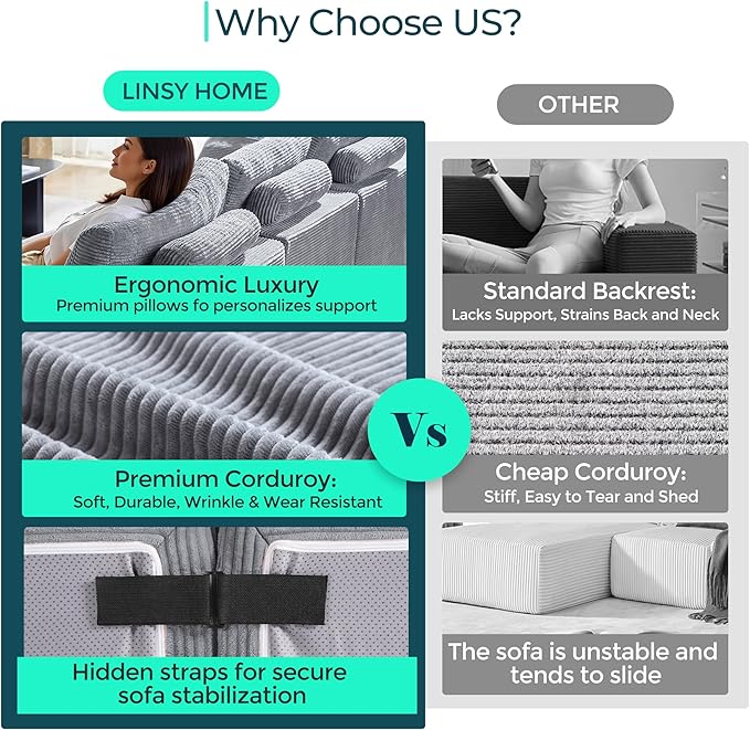LINSY HOME Convertible Sofa Bed with 2 Pillows & Ottoman, Boneless Couch Folding Modular Sectional Sleeper Sofa, L Shaped Sofas Corduroy Couch Bed Compression Sofa for Living Room Apartment, Grey
