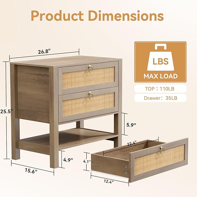 Rattan Nightstand Set of 2 with 2 Drawers and Storage Shelf, 26” Tall Wide Night Stand, Wood Large Bedside Table for Bedroom, Side Table, Carbon Cherry