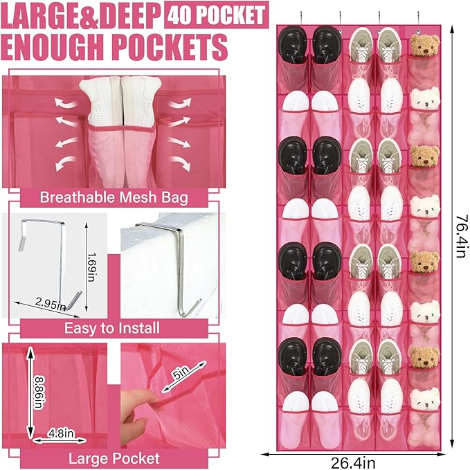 Windyun 40 Over the Door Shoe Organizer Large Mesh Pocket Hanging Shoe Rack for Closet Rose Red Nonslip Behind Door Storage Holder Back to School Organizer for Dorm Room College Classroom Storage