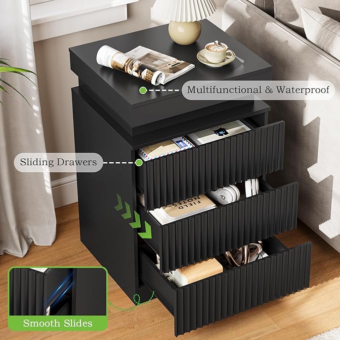Nightstands Set of 2 with Charging Station & LED Lights, Modern Small Fluted Bedside & End Tables with 3 Drawers, Sliding Top & Hidden Storage, Wooden Farmhouse Night Stand for Bedroom Office, Black
