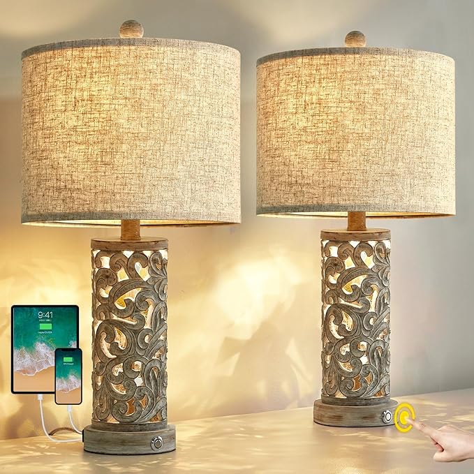 OYEARS Bedside Table Lamps Set of 2 with USB & Night Light, 22'' Dimmable Touch Lamps for Nightstand, Farmhouse Lamps for Bedroom Living Room Home Offce (Bulb Included)