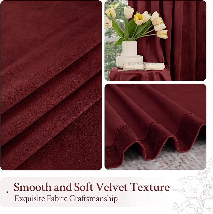 LAMIT Burgundy Red Velvet Curtains for Living Room Theater, 102 Inch Thermal Insulated Panels Vintage Room Darkening Back Tab and Rod Pocket Christmas Drapes for Bedroom, 2 Panels, 52 x 102 Inch