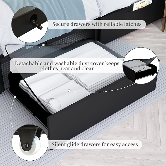 Queen LED Bed Frame with 2 Drawers, Storage Platform Beds with Upholstered Crystal Button Tufted Headboard Footboard, 2 Side Pockets, No Box Spring Needed, PU Black