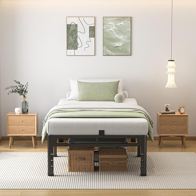 NKZ Twin Size Bed Frame 14 Inch, Metal Bed Frame & Box Spring 2 in 1 Platform with Round Corner Legs, 4000lbs Weight Capacity Reinforced Metal Frame, Headboard Hole, Noise-Free, Easy Assembly