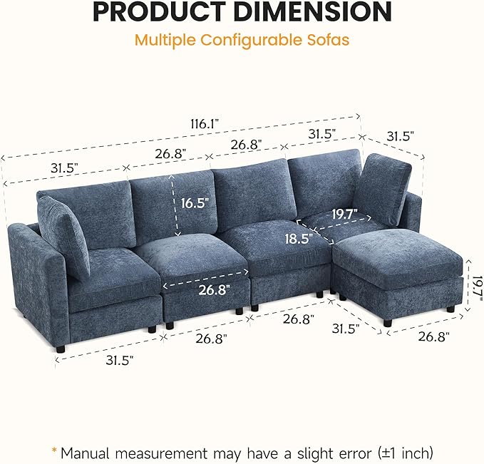 116'' 4-Seater Modular Sectional Cloud Sofa, Straight-Line Couches for Living Room, Modern Upholstered Deep Seat Sofa, Chenille Blue
