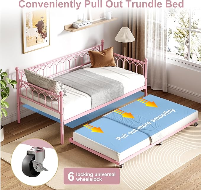 GarveeHome Twin Size Daybed, Sofa Bed Frame with Metal Steel Slat Support, Heavy Duty Metal Bed Frame, Space Saving, Easy Assembly, for Small Spaces, Living Room, Bedroom, Apartment, Pink